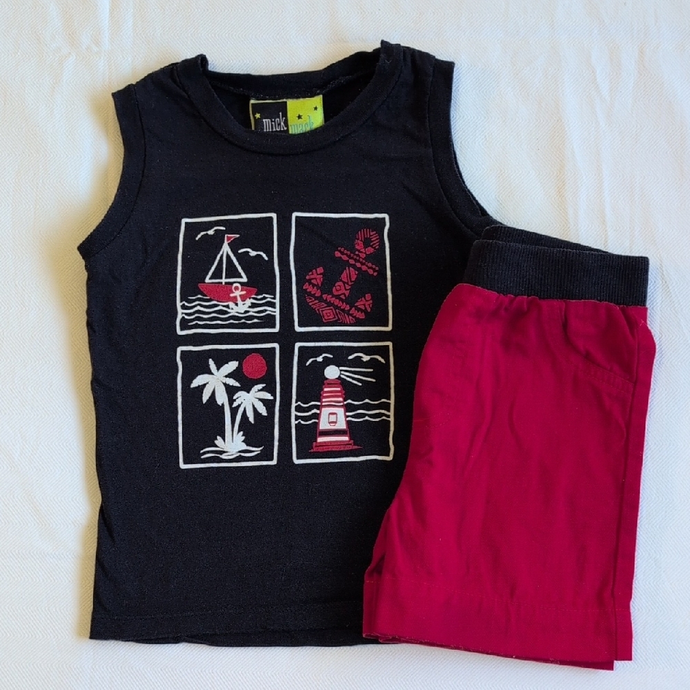 mick mack nautical navy blue & red tank & shorts matching outfit set 3T boys
